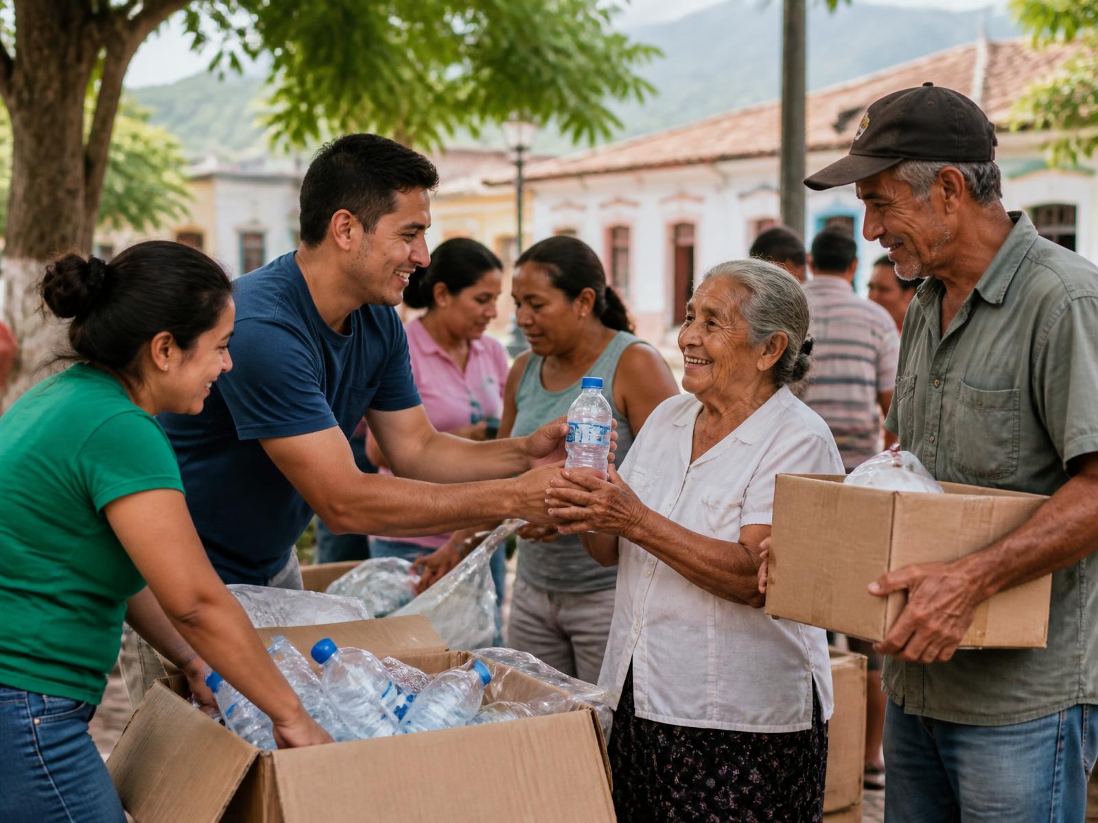 Vecinos entregando agua y elementos básicos a personas de su comunidad
